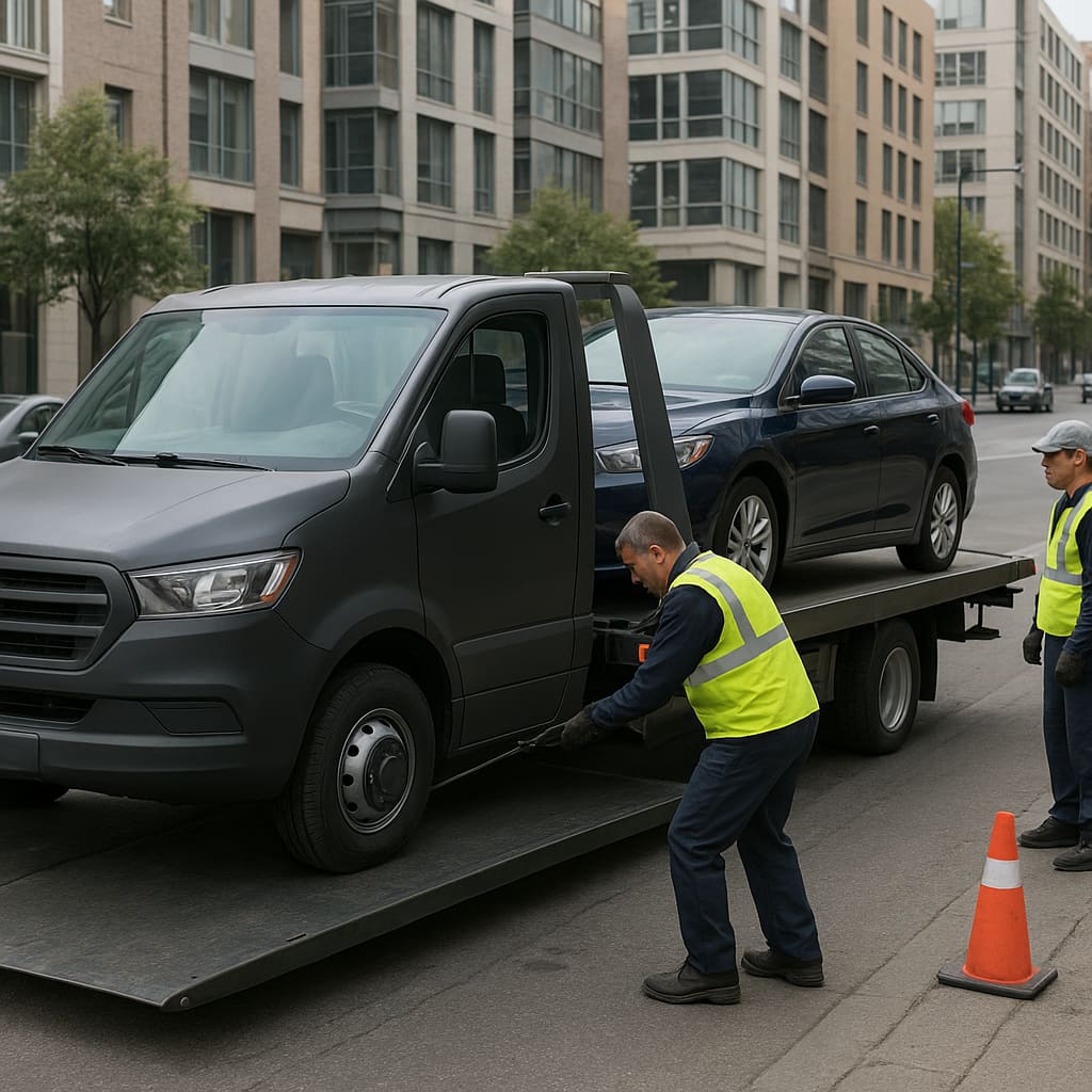 Abschleppfahrzeug hilft einem Auto auf einer Stadtstrasse