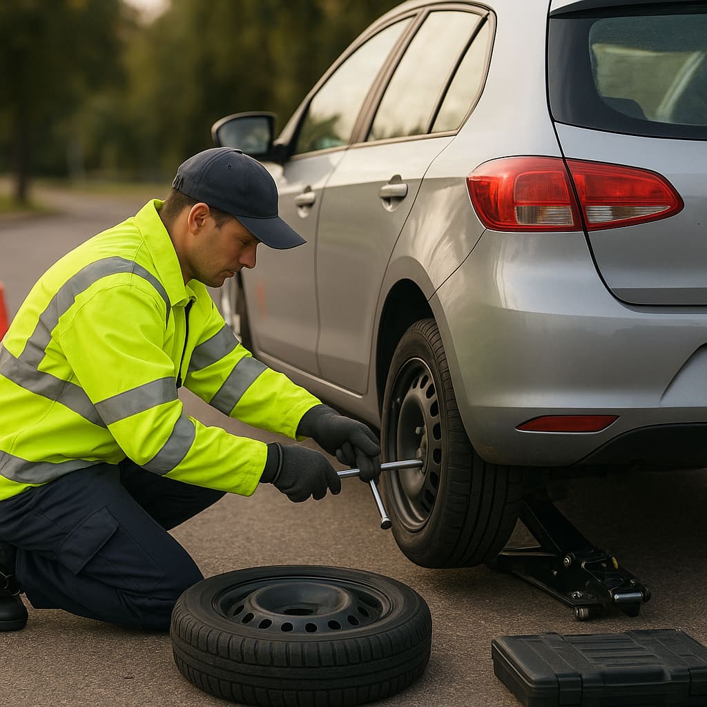 Pannenhelfer wechselt einen Reifen